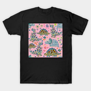 Vintage floral fabric dinosaurs with daisies on pink background T-Shirt